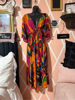 Vibrant Multicolor Tie-Front Maxi Dress